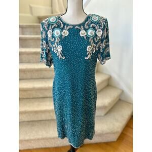 Vintage Teal Blue & Silver Beaded Floral Silk Sheath Dress